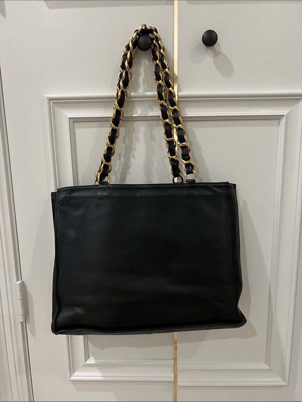 CHANEL Black Leather Shoulder Tote with Gold Chain Straps - Picture 3 of 13